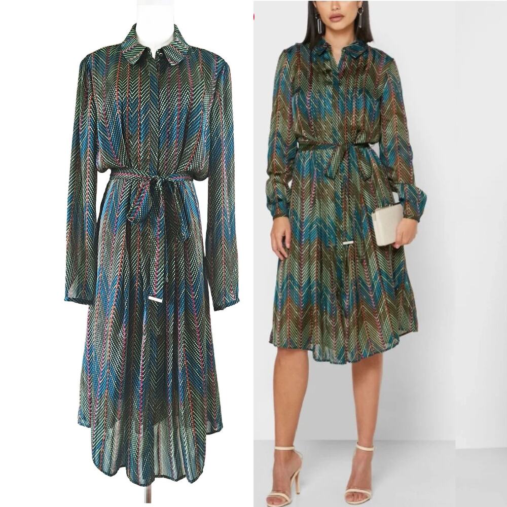 Ted Baker London Saphy Metallic Chevron Midi Shirt Dress Size 5 US 12 Green Blue